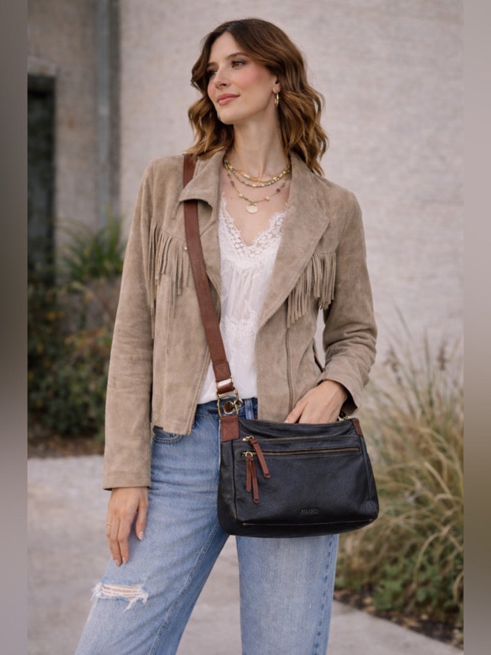 Fossil Corey Black Leather Crossbody Bag Brown Strap Boho Casual